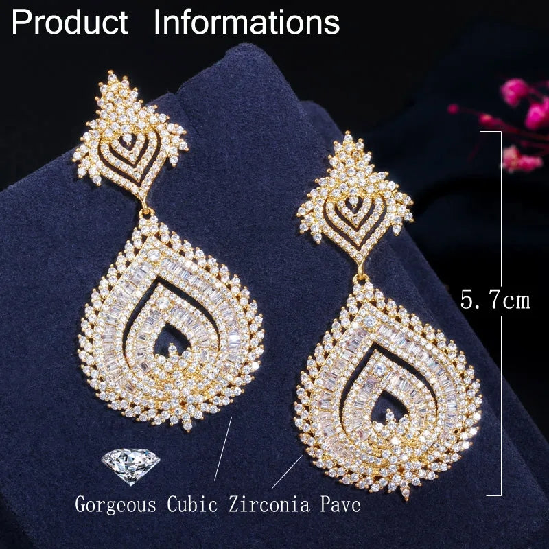 Gold Color Cubic Zirconia Big Long Earrings