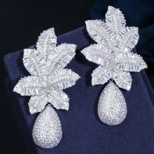 Silver Luxury Large Leaf Drop Flower Earrings