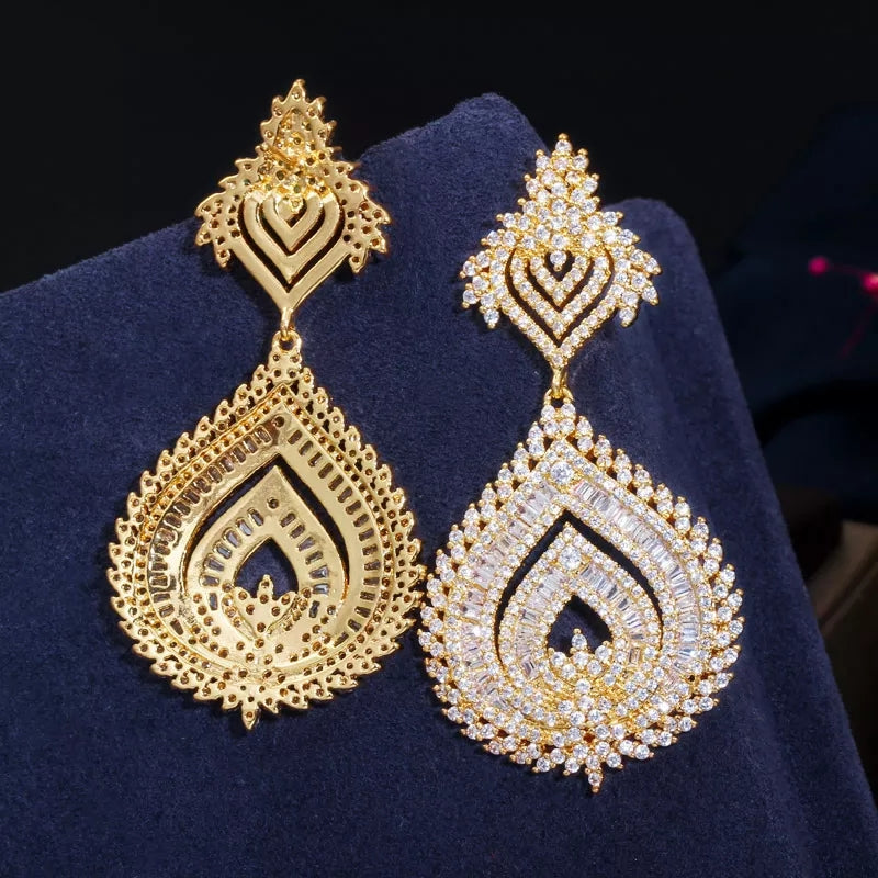 Gold Color Cubic Zirconia Big Long Earrings