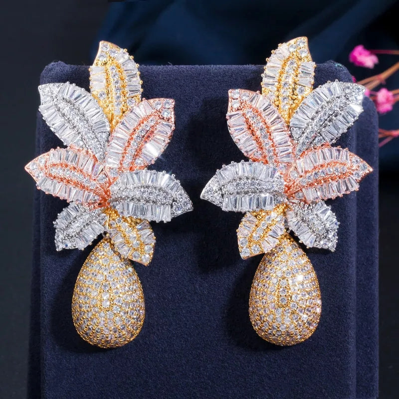 Three-Tone Luxury Large Leaf Drop Flower Earrings