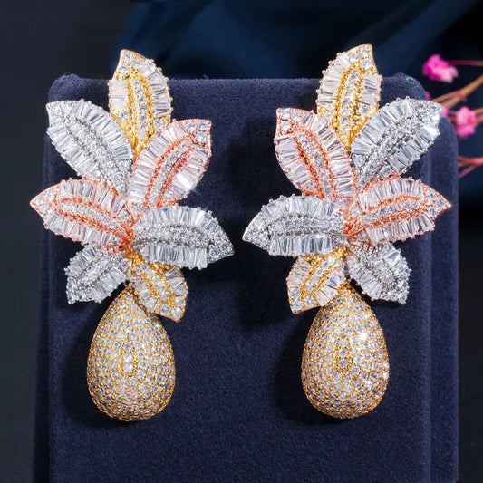 Three-Tone Luxury Large Leaf Drop Flower Earrings