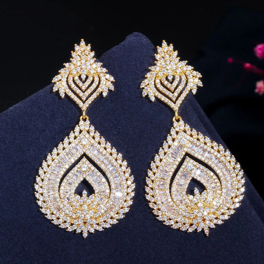 Gold Color Cubic Zirconia Big Long Earrings